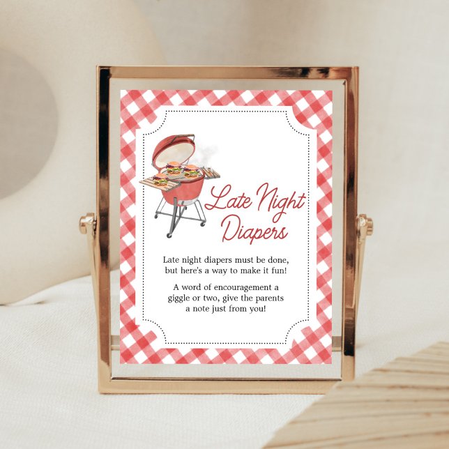 Red Burger BBQ Baby Shower Late Night Diables Poster (Backyard BBQ Baby Shower Late Night Diapers Sign)
