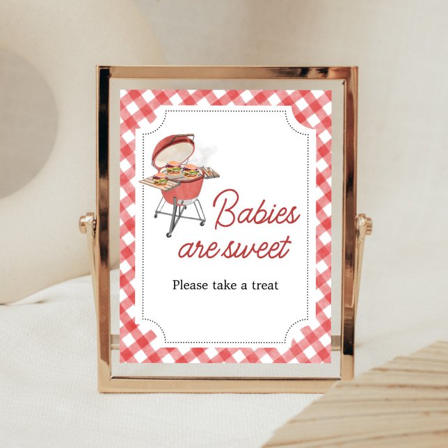 Red Burger BBQ Baby Shower Spädbarn är Sweet Poster (Backyard BBQ Baby Shower Babies are Sweet Sign)