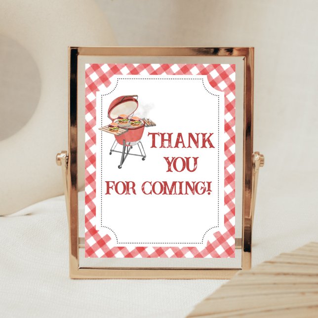 Red Burger BBQ Baby Shower Tack för kommande Poster (Backyard BBQ Baby Shower Thank You for Coming Sign)