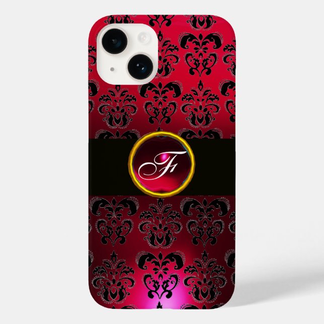 RED BURGUNDY BLACK DAMASK GEM STONE MONOGRAM (Baksida)