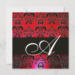 RED BURGUNDY BLACK DAMASK MONOGRAM, ruby white Inbjudningar