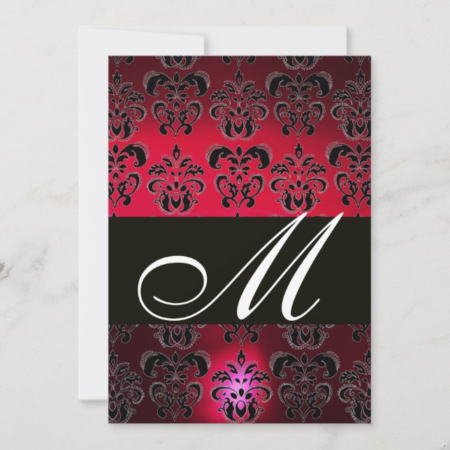 RED BURGUNDY BLACK DAMASK MONOGRAM ruby white Inbjudningar (Framsida)