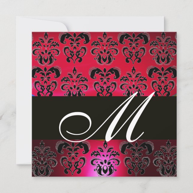 RED BURGUNDY BLACK DAMASK MONOGRAM, ruby white Inbjudningar (Framsida)