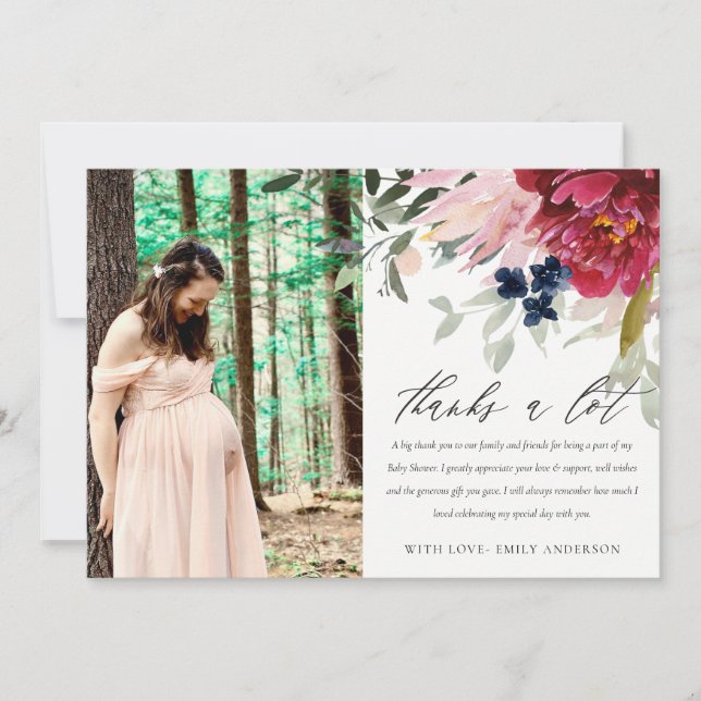 Red Burgundy  Blommigt Bunch Photo Baby Shower Tack Kort (Framsida)
