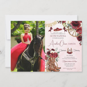 Red Burgundy Blommigt Charro Cowgirl Quinceanera Inbjudningar