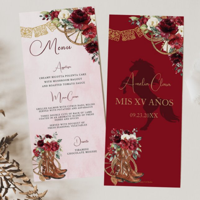 Red Burgundy Blommigt Charro Quinceañera XV Menu Program (Skapare uppladdad)