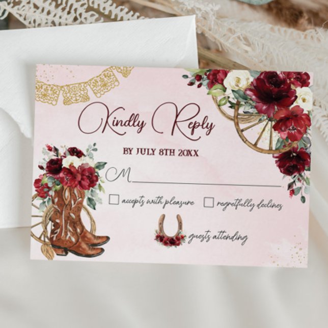 Red Burgundy Blommigt Charro Väster Quinceañera Re OSA Kort (Skapare uppladdad)