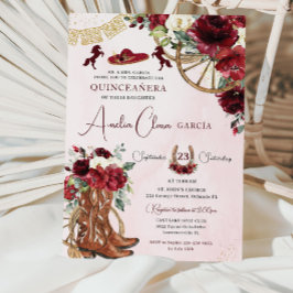 Red Burgundy Blommigt Charro Western Quinceanera Inbjudningar