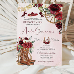 Red Burgundy Blommigt Charro Western Quinceanera Inbjudningar