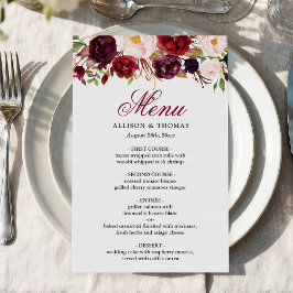 Red Burgundy Blommigt Chic Bröllop Middag Menu