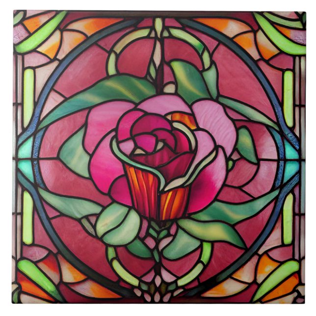 Red Burgundy Blommigt Ro, lagat glas Stil Kakelplatta (Framsidan)
