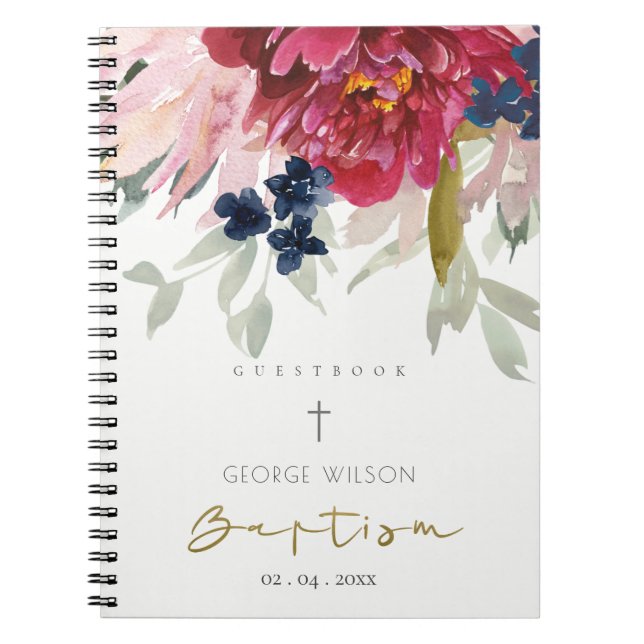 Red Burgundy  Blue Blommigt Baptism Guestbook Anteckningsbok (Framsidan)