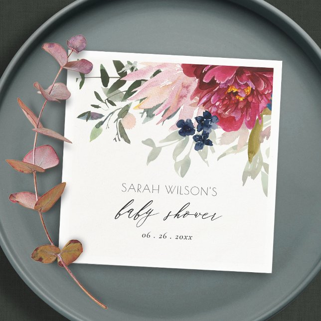 Red Burgundy  Blue Blommigt Bunch Baby Shower Pappersservett (Skapare uppladdad)