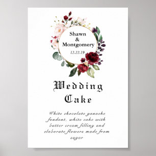 Red Burgundy Bröllop Cake Sign Poster