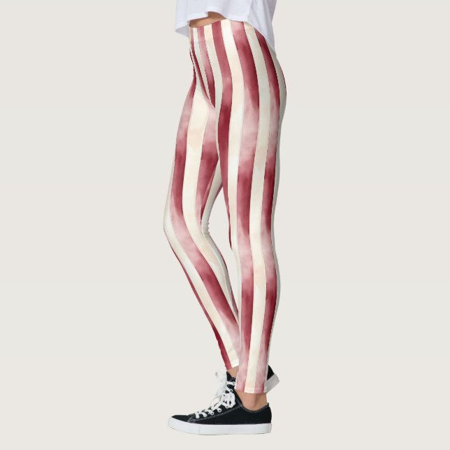 Red Burgundy Cream Stripes Christmas Leggings (Vänster)