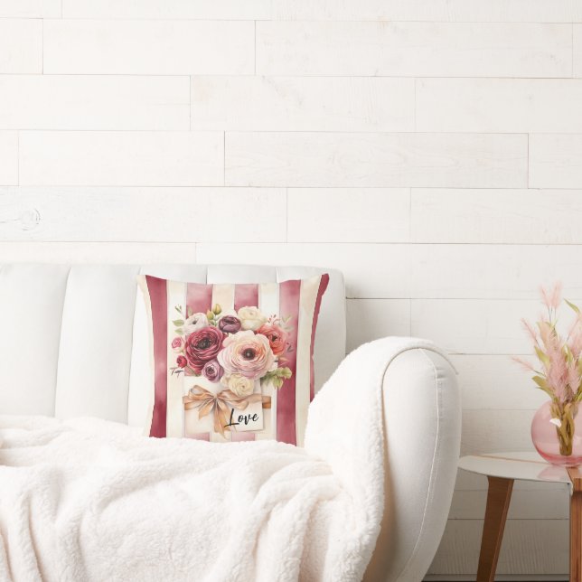 Red Burgundy Cream Stripes Floral Love Kudde (Soffa)