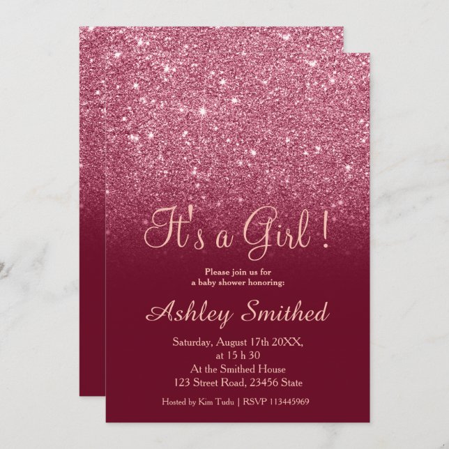 Red burgundy glitter chic ombre Flickdusch Inbjudningar (Fram/baksida)
