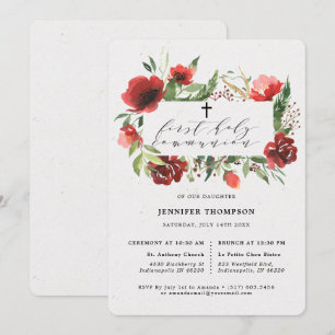 Red Burgundy Greenery Eucalyptus First Communion Inbjudningar