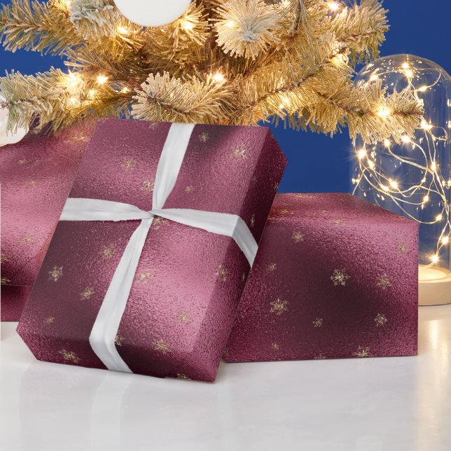 Red Burgundy Guld Glitter Snöflingor   Presentpapper (Helgdagar)