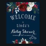Red Burgundy Navy Rustic Winter Blommigt Baby Show Poster<br><div class="desc">Elegant chic röd burgundi och vita blommor bouquet med vintern säsong grönt fir grenar,  röda bär och bladbabydusch välkomstskylt poster mall på mörken midnattsblå bakgrund.                Idealiskt för gräs chic rustik snyggt vinter/land blommigt babydusch elegant party  .</div>