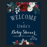 Red Burgundy Navy Rustic Winter Blommigt Baby Show Poster<br><div class="desc">Elegant chic röd burgundi och vita blommor bouquet med vintern säsong grönt fir grenar,  röda bär och bladbabydusch välkomstskylt poster mall på mörken midnattsblå bakgrund.                Idealiskt för gräs chic rustik snyggt vinter/land blommigt babydusch elegant party  .</div>