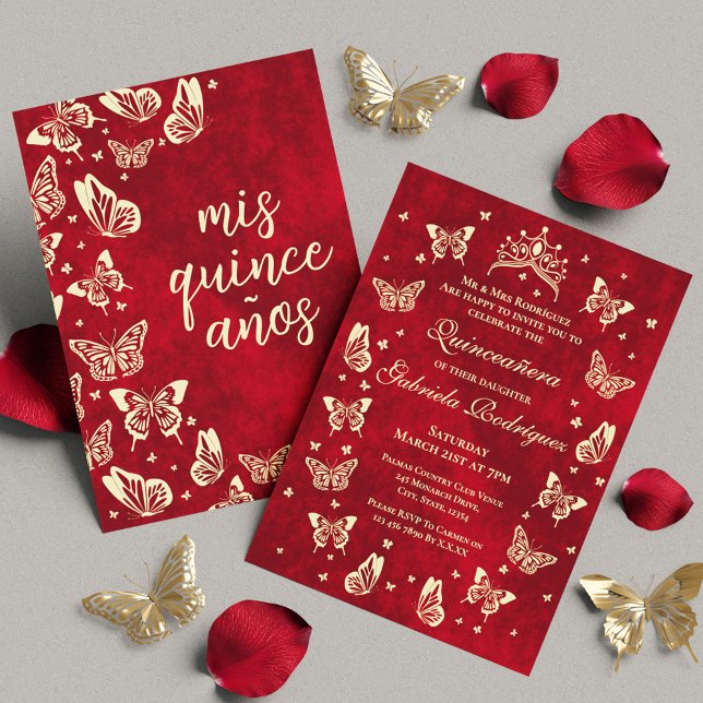 Red Burgundy och Guld Quinceañera Tiara Butterfly Inbjudningar (Red Burgundy and Gold Quinceañera Tiara Butterfly Invitation)