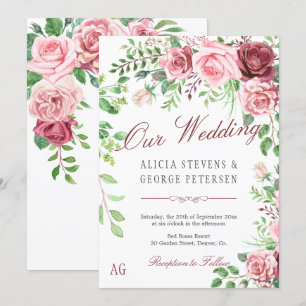 Red Burgundy och  Rosa ros Monogram Bröllop Inbjudningar