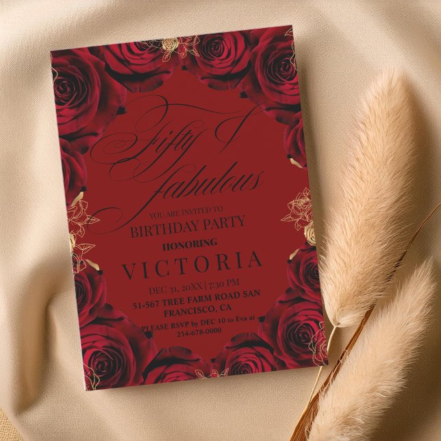 Red Burgundy Ro 50:e och fantastisk Födelsedagsfes Inbjudningar (Skapare uppladdad)