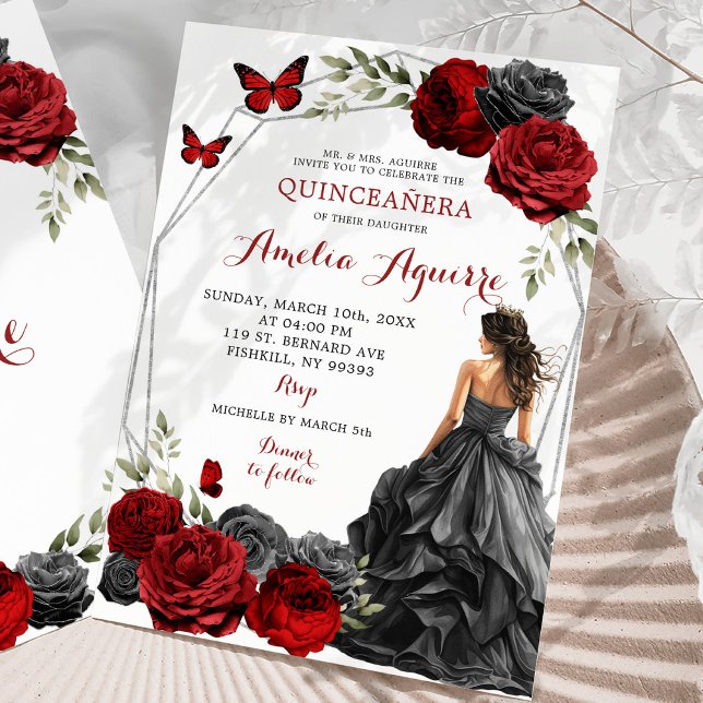 Red Burgundy Ro Black Dress Quinceañera Inbjudningar (Skapare uppladdad)