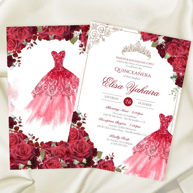 Red Burgundy Ro Elegant Gnistra Quinceanera Inbjudningar (Skapare uppladdad)