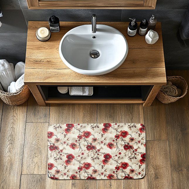 Red Burgundy Rosa Flower Buds Mönster Badrumsmatta (Skapare uppladdad)