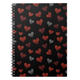 Red Burgundy Silver Glitter Hearts on Black Anteckningsbok
