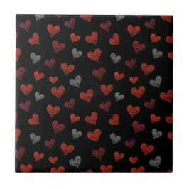 Red Burgundy Silver Glitter Hearts on Black Kakelplatta