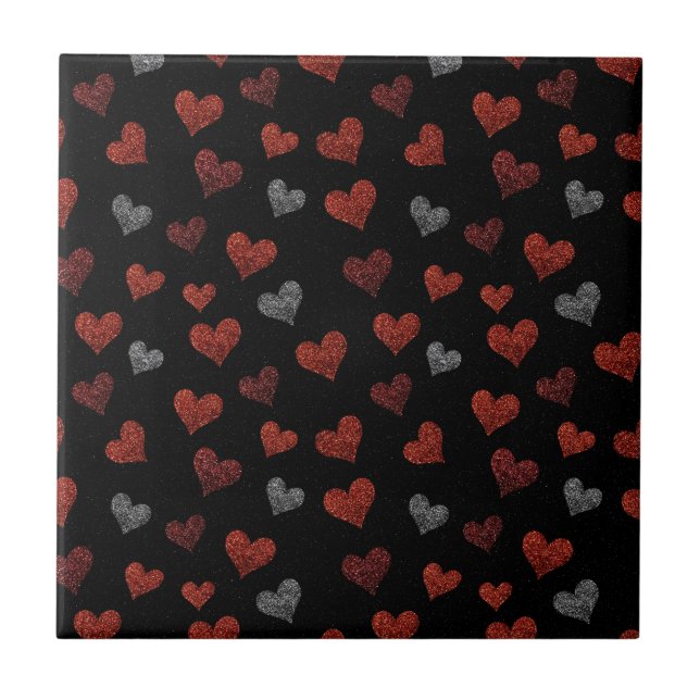 Red Burgundy Silver Glitter Hearts on Black Kakelplatta (Framsidan)