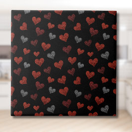 Red Burgundy Silver Glitter Hearts on Black Kakelplatta