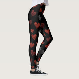 Red Burgundy Silver Glitter Hearts on Black Leggings