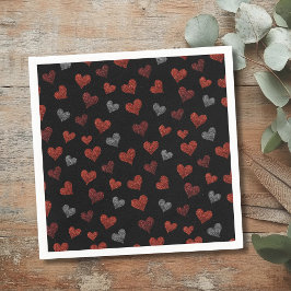 Red Burgundy Silver Glitter Hearts on Black Pappersservett