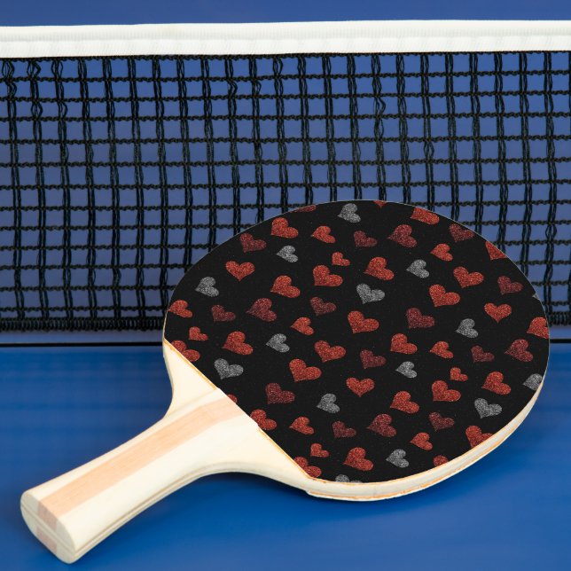 Red Burgundy Silver Glitter Hearts on Black Pingisracket (Insitu)