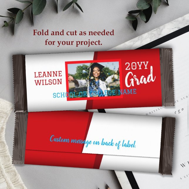 Red, Burgundy Studenten Candy Pub Wrapper Flygblad (bright red school colors graduation personalized candy bar wrapper, diy chocolate bar label for grad)