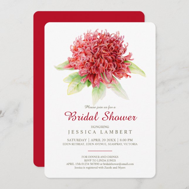 Red burgundy waratah blommigt möhippa inbjudningar (Fram/baksida)