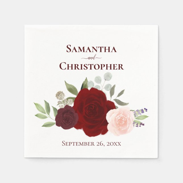 Red Burgundy &  Watercolor Ro Bröllop Pappersservett (Framsidan)