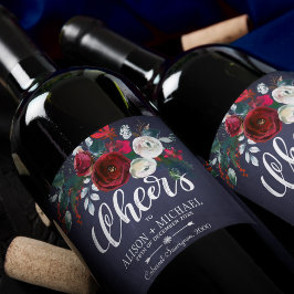 Red Burgundy White Navy Blue Blommigt Cheers Bröll Vinflaska Etikett