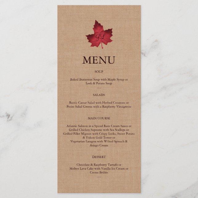 Red Burlap Monogrammed Menu Meny (Framsida)
