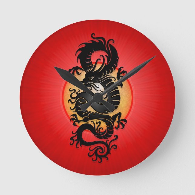 Red Burst Chinese Dragon Rund Klocka (Framsida)