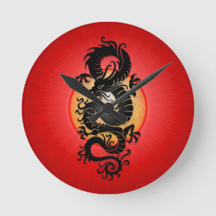 Red Burst Chinese Dragon Rund Klocka