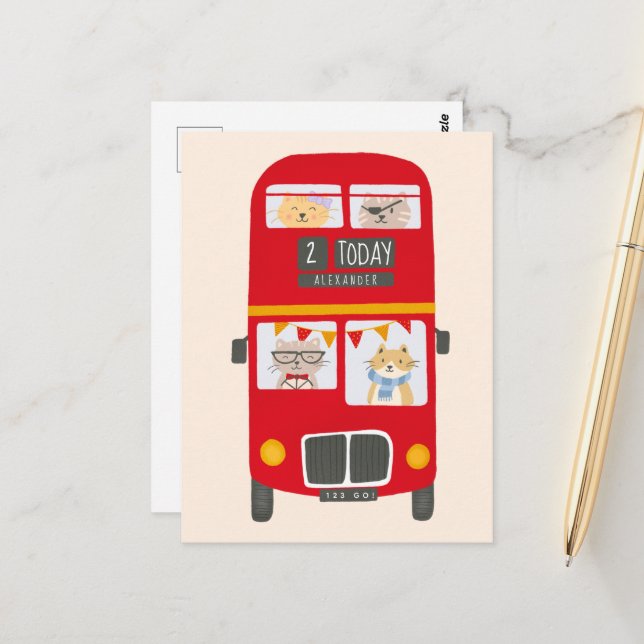 Red Buss Birthday vykort (Fram/Back In Situ)