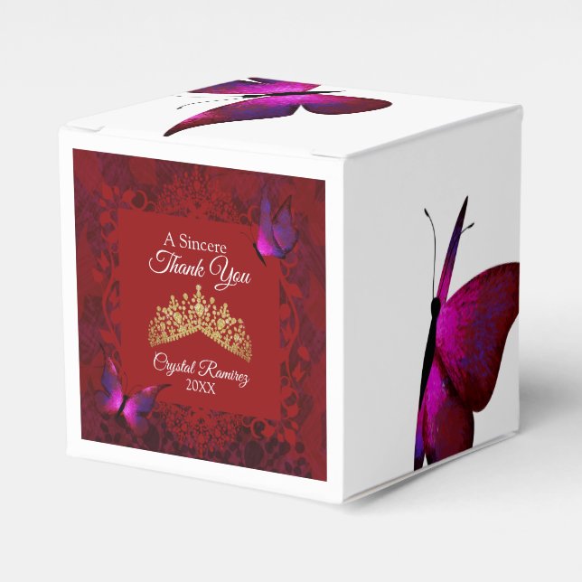 Red Butterflies, Guld Tiara Quinceanera Favor Box Presentaskar (Framsidan Sidan)