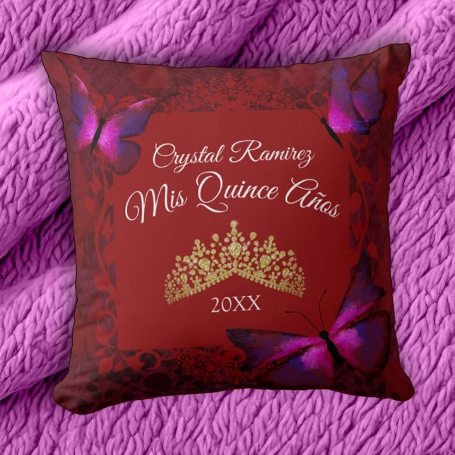 Red Butterflies, Guld Tiara Quinceanera Pillow Kudde (red and gold quinceanera throw pillow, mis quince keepsake, gift for red quinceanera theme)