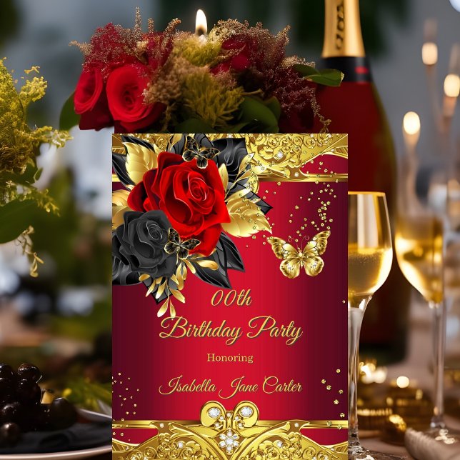 Red Butterflies Ro Blommigt Guld Födelsedagsfest Inbjudningar (Skapare uppladdad)