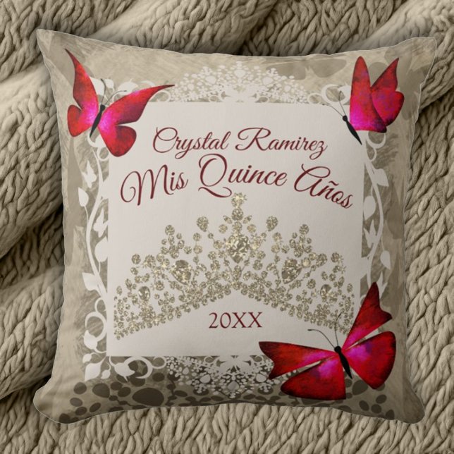 Red Butterflies, Taupe Tiara Quinceanera Pillow Kudde (Beige and red quinceanera throw pillow, beautiful red butterflies and border, gold tiara)